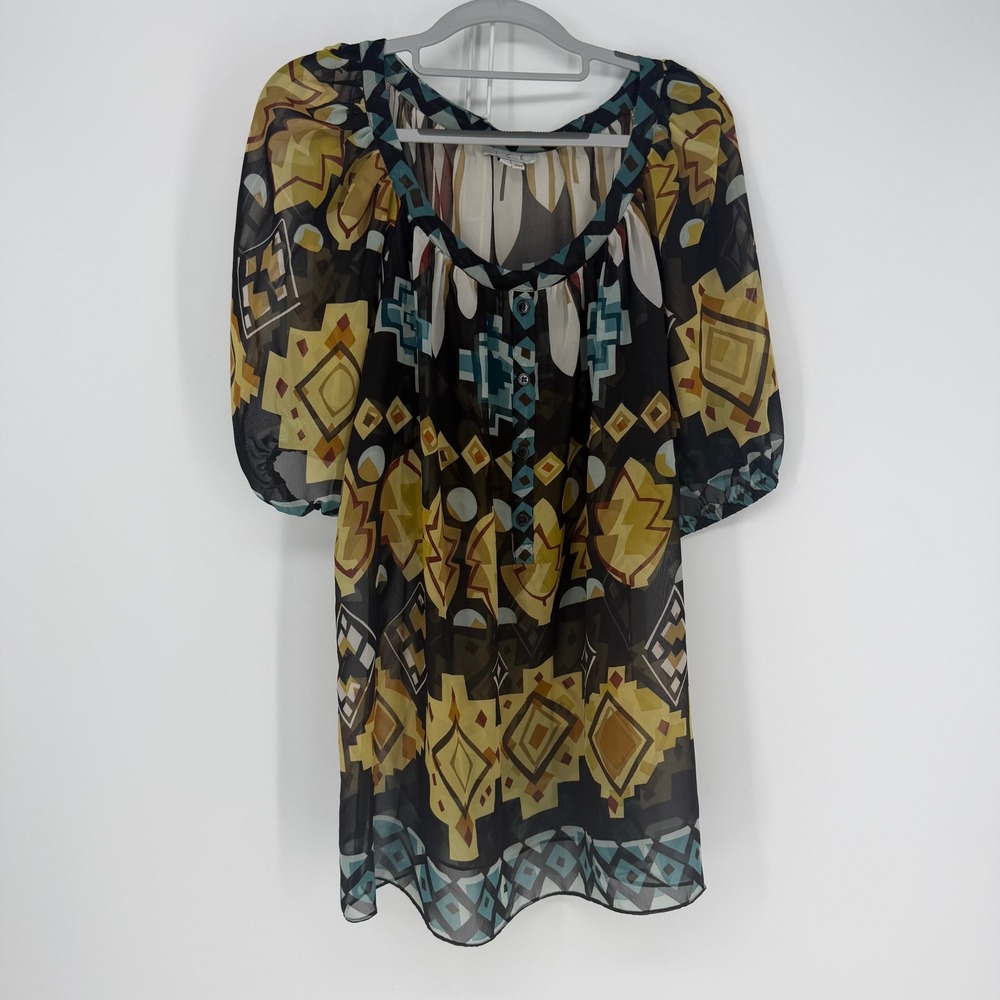VTG I.C.E. Geometric Tribal Blouse Womens XL Black Yellow Sheer Boho Peasant Top